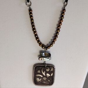 Silpada 925 Abalone Pearl Etched Black Pin Shell Leather Necklace N1803